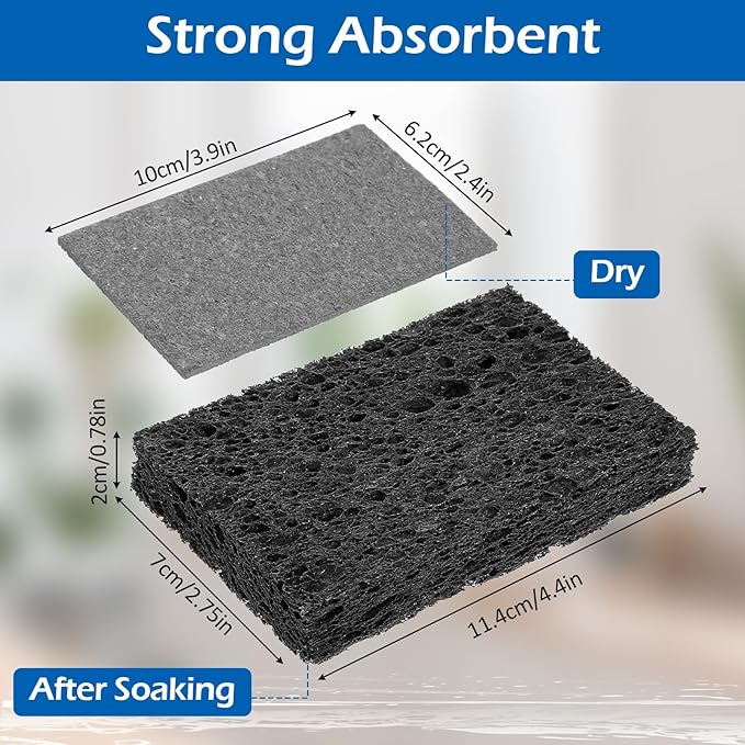 JIEYAO 12 Pack Non-Scratch Scrub Sponges, Compressed Cellulose Sponges, Black Sponge for Dishes Wood Pulp Multi-Purpose Cleaning Sponge for Kitchen Dishes Non-Stick Cookware