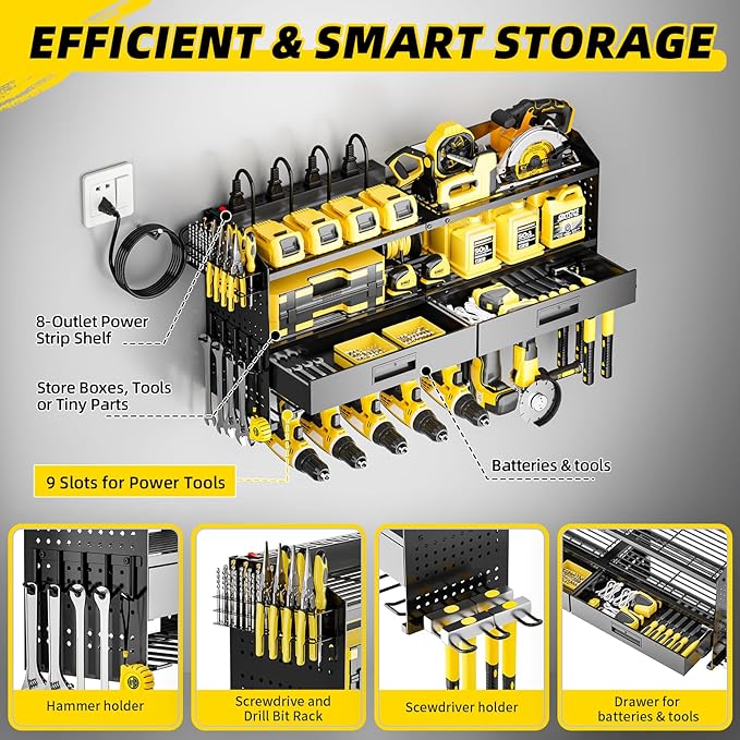 SEENWUUN Power Tool Organizer Wall Mount with Charging Station, 4 Layers Storage Rack with 9 Drill Holders & Battery Storage, Cordless Tool Organizer with 2 Drawers for Garage, Workshop & Tool Room