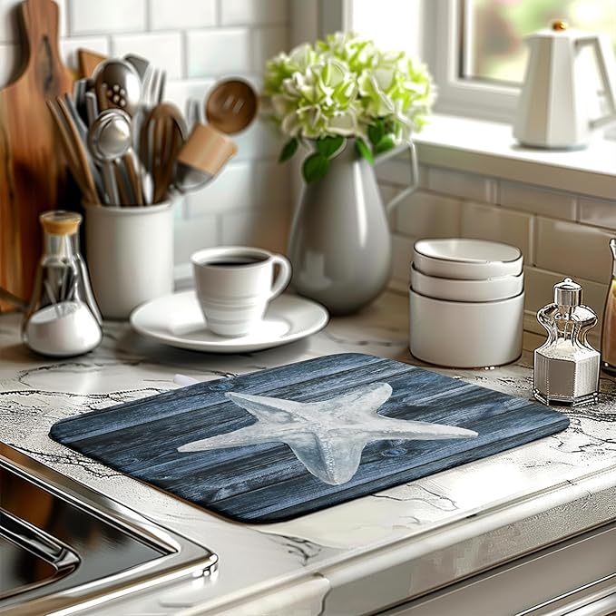 Wnoesat Coastal Starfish Dish Drying Mat Dark Blue Ocean Animal Print Drying Mats Microfiber Reversible Absorbent Dishes Pad Drainer Rack Mats for Kitchen Counter Sink 16x18 Inch