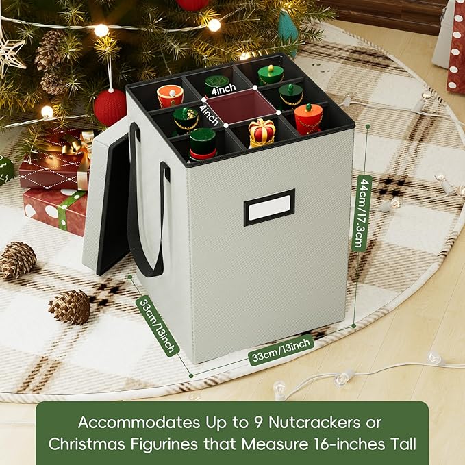 Christmas Nutcracker and Figurine Collectible Storage Box, Christmas Storage Box Ornaments up to 9-16" , Holiday Christmas Decor Organizer with Adjustable Dividers, Nutcracker not Included(Gray)
