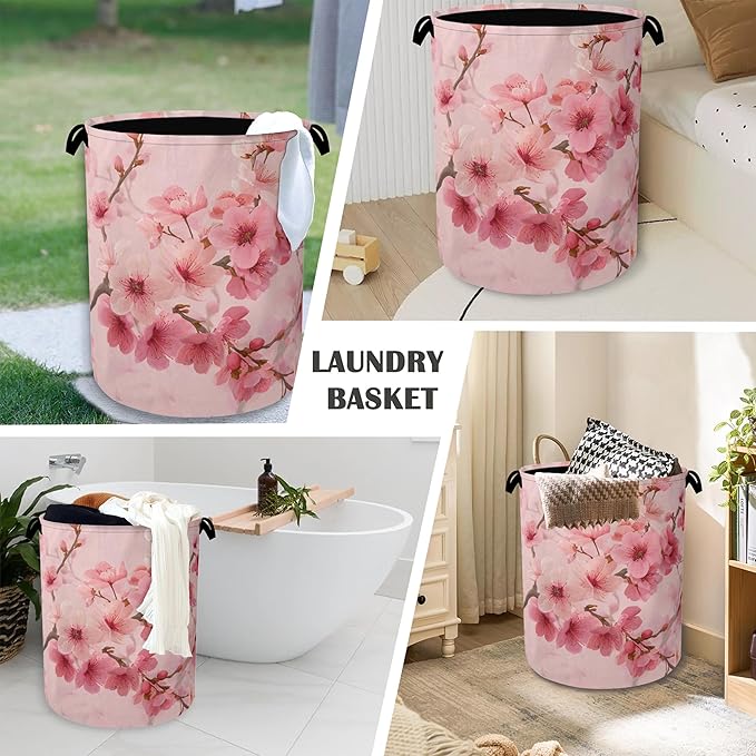 Cherry Blossoms Laundry Basket,Japanese Foldable Oxford Cloth Tote Bag Laundry Hamper Clothes Storage Bucket Organizer for Bedroom Laundry Storage Dormitories 16" x 20.8"