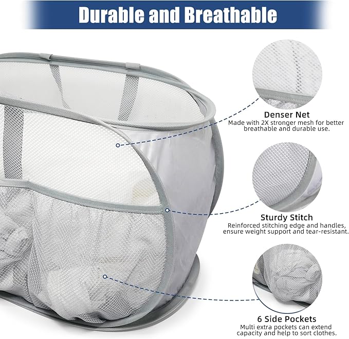 2 Pack Collapsible Laundry Baskets, Upgrade Pop Up Laundry Hamper with Convenient Bags, Foldable Laundry Basket Mesh Light Weight, Easy to Carry Clothes Hampers for Laundry, Dorm, Toys, Travel Grey