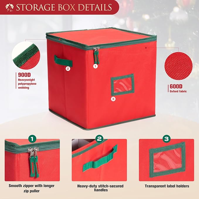 Christmas Ornament Storage Box Containers Holiday Decoration Organizer, Christmas Ball Accessories Holder with Adjustable Dividers, 4 Removable Trays, Zippered Closure, 600D Oxford 13x13x13.39