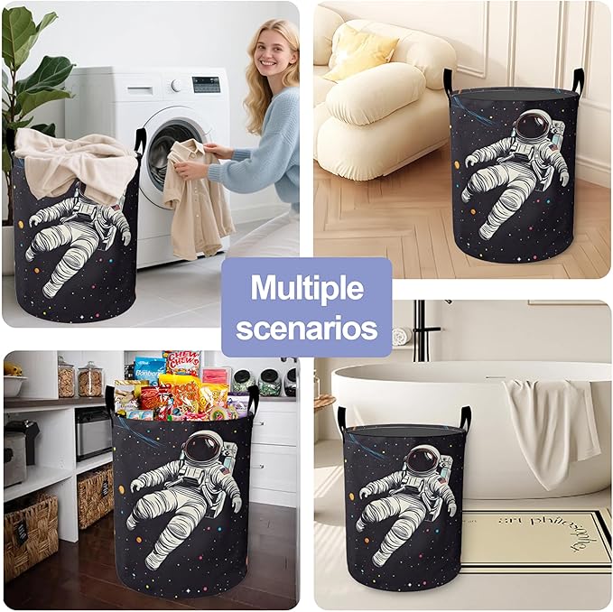 Astronauts in Space Laundry Basket-Large Foldable Hamper Holder Portable Tall Collapsible Laundry Hamper Storage Basket Bin with Handles, Canvas & Waterproof lining for Household Items