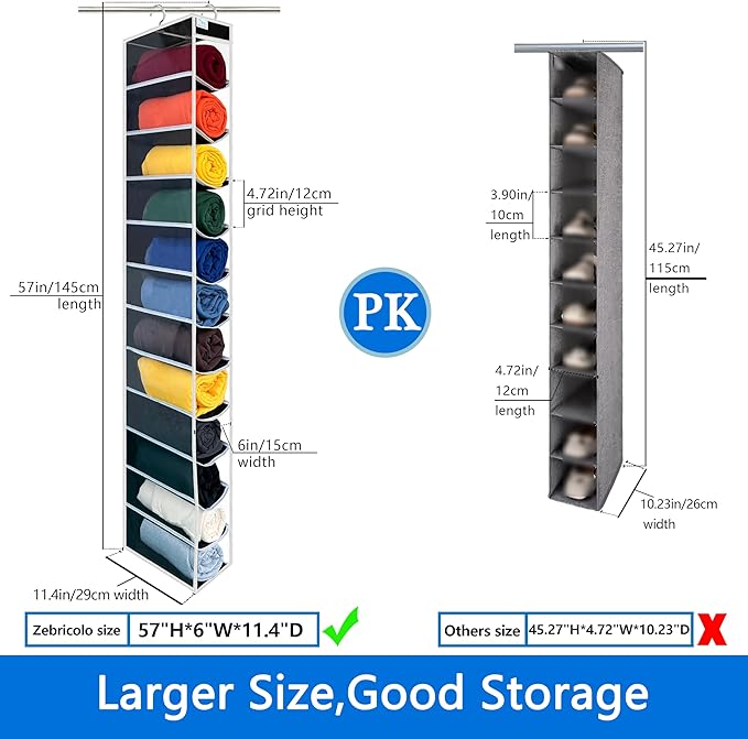zebricolo,Closet Organization,12 Section, Hanging Closet Organizer, Space Saving, College Dorm Essentials for Girls, Heavy dutys Hooks Up to 45 Pounds, Clothes Storage,Closet Organizer,Black/White