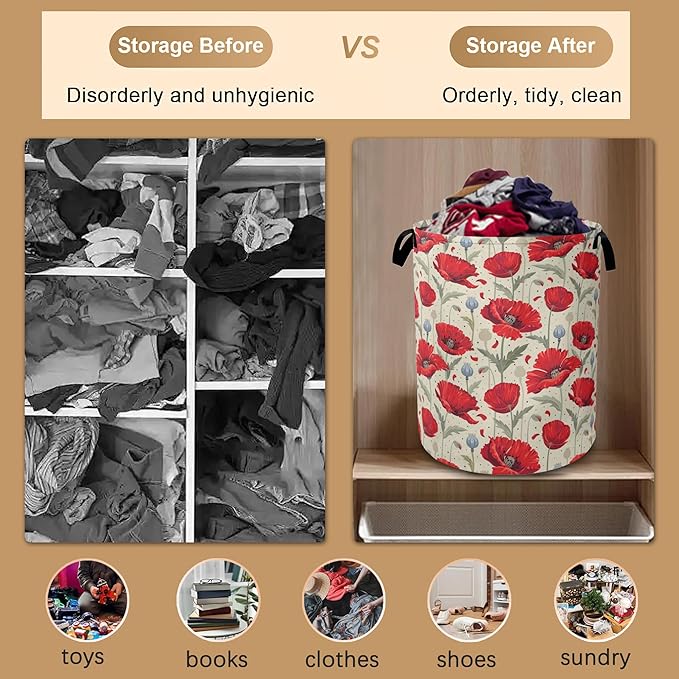 Vintage Poppy Laundry Hamper,Collapsible Laundry Baskets,Red Flowers Dirty Clothes Baskets with Handles,Oxford Cloth Hamper for Bedroom,Bathroom,College Dorms, 16"x20"