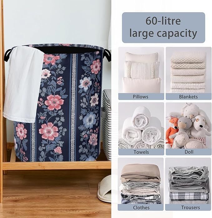 Boho Vintage Flower Laundry Basket,Foldable Oxford Cloth Tote Bag Laundry Hamper Clothes Storage Bucket Organizer for Bedroom Laundry Storage Dormitories 16" x 20.8"