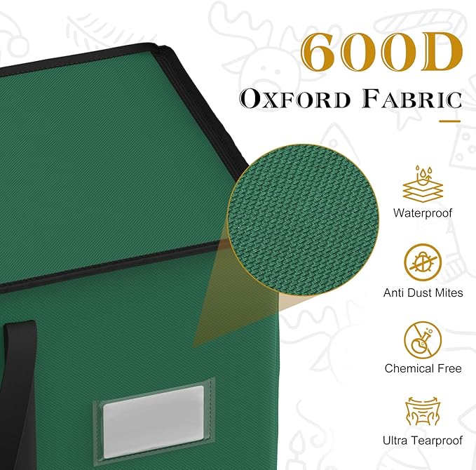 Christmas Ornament Storage Box With 8 Trays - Stores Up to 128 Holiday Ornaments, Christmas Storage Container with Side Pocket, Adjustable Dividers, Card Slot, Tear-Proof Fabric - Green