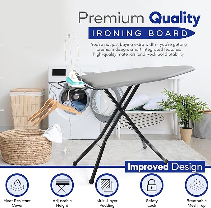 BKTD Extra-Wide Ironing Board – 48"×18" Large Surface (57" w/Iron Rest) • Built-in Clothes Rack, Hanger & Cord Holder • Heat-Resistant Cover • Heavy-Duty, No Wobble • Adjustable Height • Black Grey.