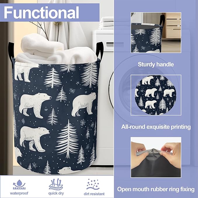 Cartoon White Bear Laundry Basket,Tree Large Canvas Fabric Lightweight Storage Hamper Organizer Dirty Clothes Collapsible Waterproof for College Dorms,Bathroom