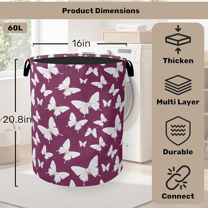 Purple Butterfly Silhouette Laundry Basket with Handles - Extra Large Foldable Hamper for Bathroom/Laundry/Bedroom/Dorm, Washable Fabric Storage Bin