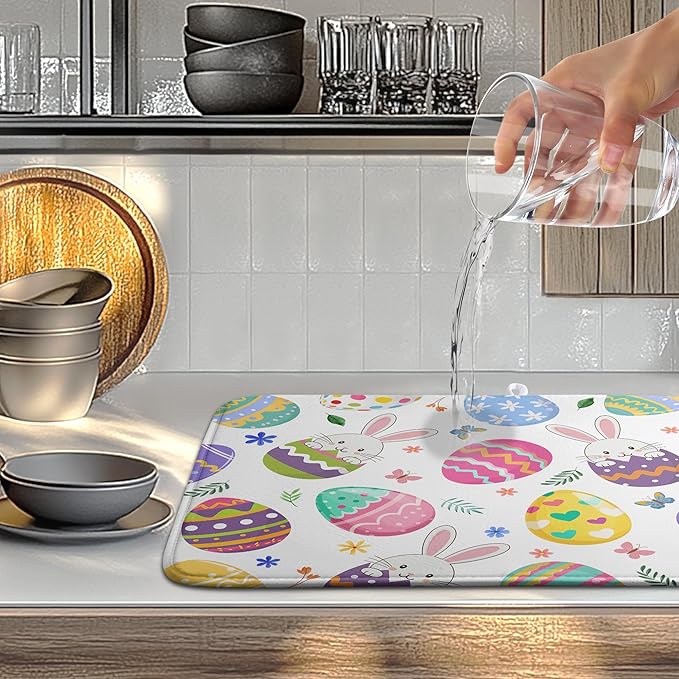 Happy Easter Bunny Dish Drying Mats Spring Floral Dish Mat Easter Cute Rabbit Eggs Drying Matt Dishes Dryer Pad for Kitchen Counter Absorbent Microfiber Washable Foldable Reusable 18x24 in