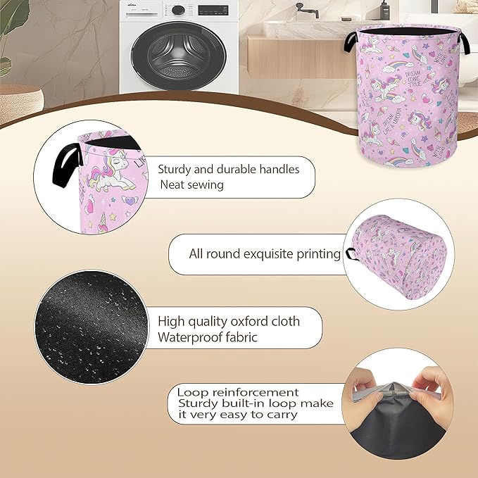 Laundry Hamper,Pink Unicorn Laundry Basket,Dreamy Rainbow Portable Collapsible Laundry Room Organization Storage for Dorm Room,Nursery,Bathroom,Bedroom,16x20 Inch