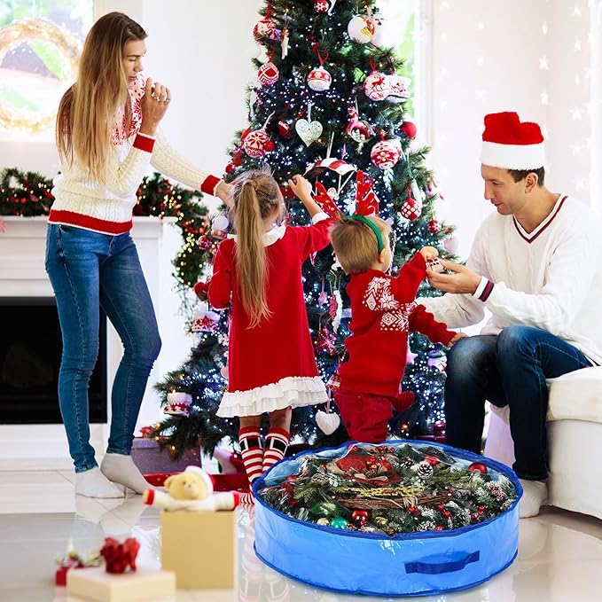 Aliceset 4 Pack Wreath Storage Containers, Christmas Ornament Garland Wreath Storage Bags with Handle Dual Zipper Large Decorative Storages Box for Winter Wreaths(36 x 36 x 7.8 Inch,Blue)