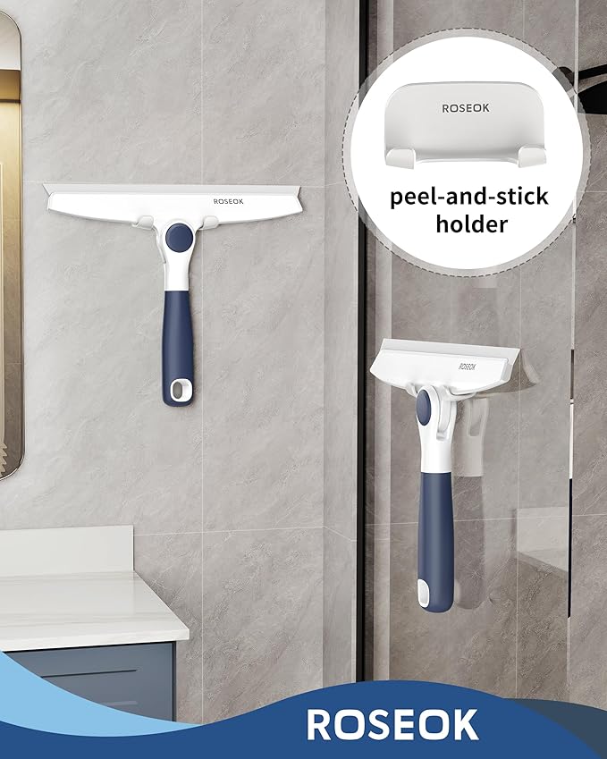 ROSEOK All-Purpose Silicone Squeegee for Shower Glass with Adhesive Hook, Pivoting Head, 10 Inch, Navy Blue, 1 Pack