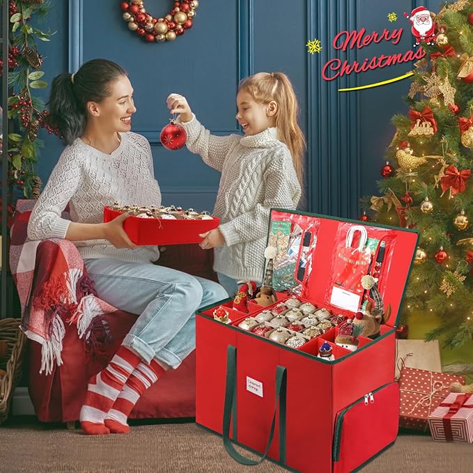 Premium 2-in-1 Large Christmas Ornament Storage Box & Xmas Figurine Container, Nutcracker Storage with Adjustable Dividers,5 Separate Trays Keep 73 Holiday Ornaments, 600D Tear-Proof Oxford, Foldable