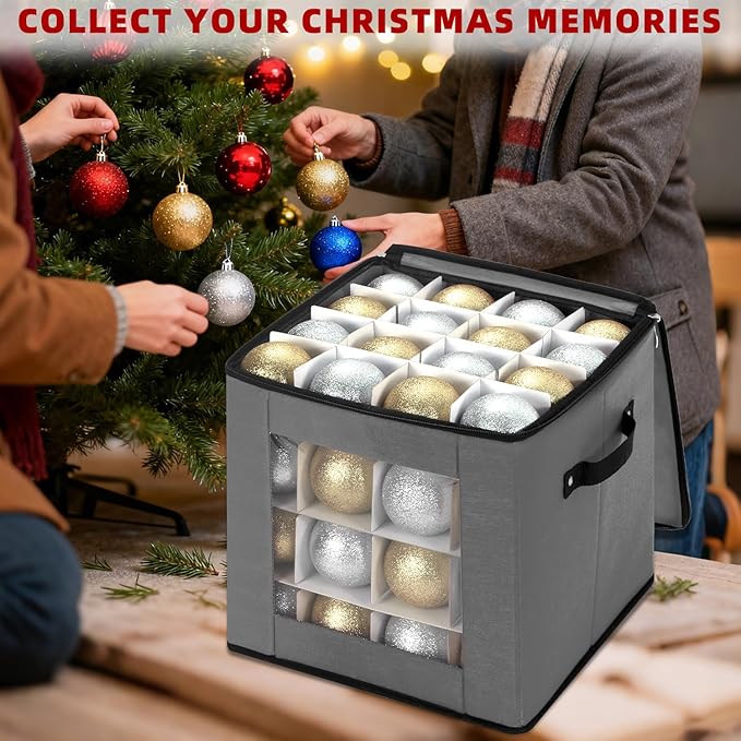 JY COOKMENT Christmas Ornament Storage Box with Adjustable Dividers, Premium Holiday Ornaments Storage Container Bin with Zippered Top for Xmas Decorations (64-3" Balls, Gray, Without Tray)