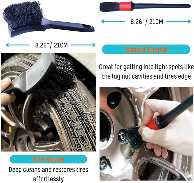 oesee 6PCS Car Wheel Cleaning Detailing Pro Kit, Tire Brush, 2 PCS Soft Woolies Rims Brush, Detailing Brush, and Tire Dressing Pads, Scratch-Free & Multipurpose Tire Brush