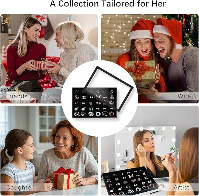 Wudygirl Jewelry Organizer 30 Grid Jewelry Tray with Lid Earring Holder Organizer for Women Ring Earring Bracelet Holder Storage (Pu Black)