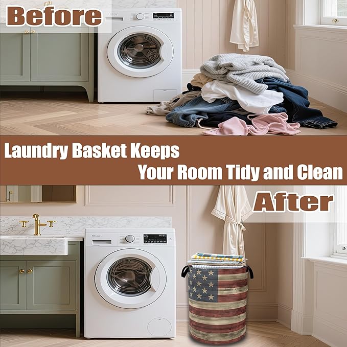 American Flag Grunge Laundry Basket,Waterproof Foldable Laundry Hamper,Dirty Clothes Basket, Linen Bin Storage Organizer Collection 16" x 20.8"