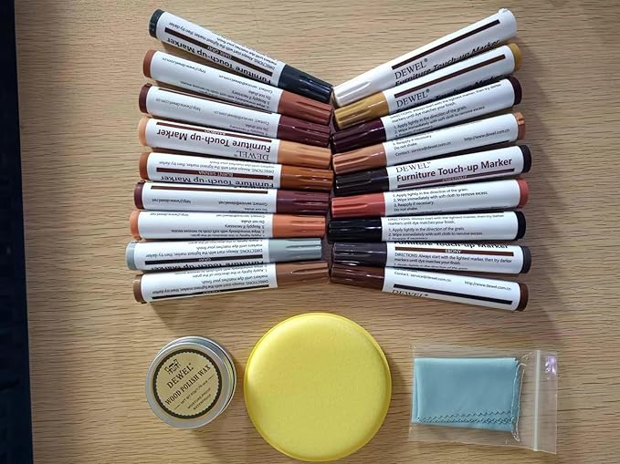 DEWEL Furniture Markers Touch Up, 18 Colors Wood Markers Furniture Repair Kit with Polish Wax, Wood Pens for Furniture Scratch Repair