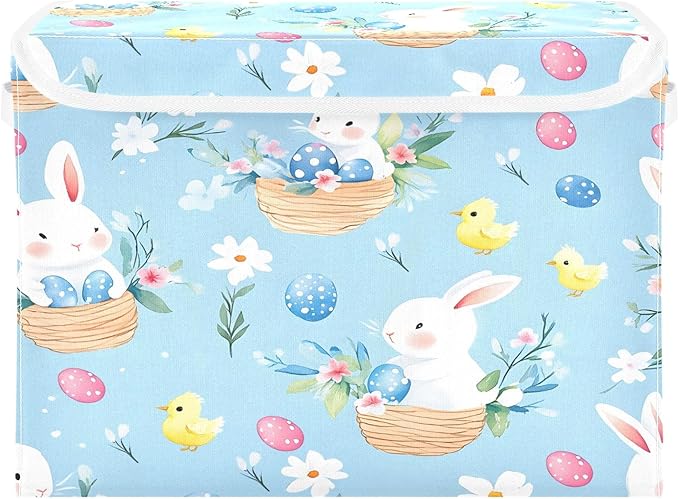 Bolaz Cute Bunny Easter Egg Pattern Storage Bins with Lids and Handles, Storage Box Basket with Cover Collapsible Organizer Containers for Home Closet, Shelves