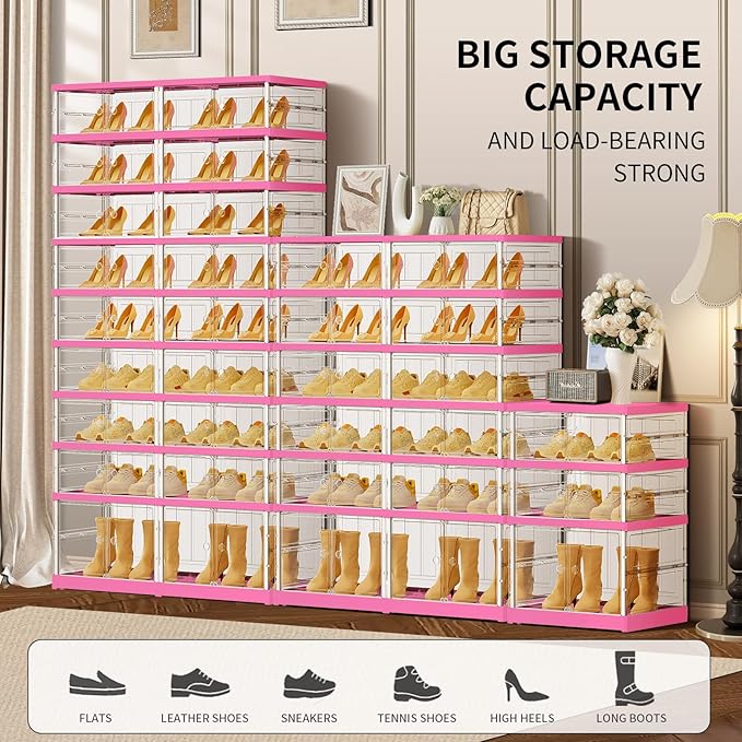 3-Tier Foldable Shoe Rack for Closet Entryway 6-12Pairs, Stackable Clear Shoe Storage Boxes Organizer with Door Plastic Small Shoe Cabinet Bins with Lids Shoes Shelf Easy Assembly（White-Pink）