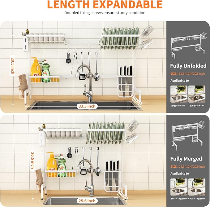 HOTEAGLE Dish Drying Rack for Kitchen Counter 2 Tier Expandable Over Sink Dish Rack, 25.6"-33.5" L x 12.4" W x 20.5" H, White