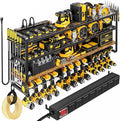 POKIPO 49.5" W Large Power Tool Organizer with Charging Station, 4 Layer Heavy Duty Utility Rack Loads 800lbs, Holds 8 Cordless Drills, Wall Mount Tool Shelf with 8-Outlet Power Strip, Gift for Men