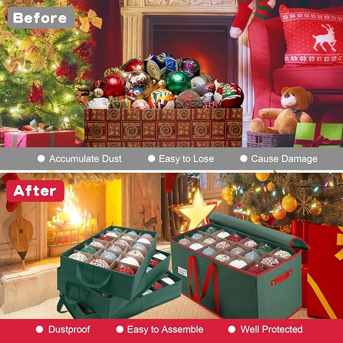 Christmas Ornament Storage Box, Stores Up to 54-4" Ornaments, 3 Individual Trays, Adjustable Dividers, 600D Oxford Fabric, Large Organizer Bin to Protect and Store Holiday Décor