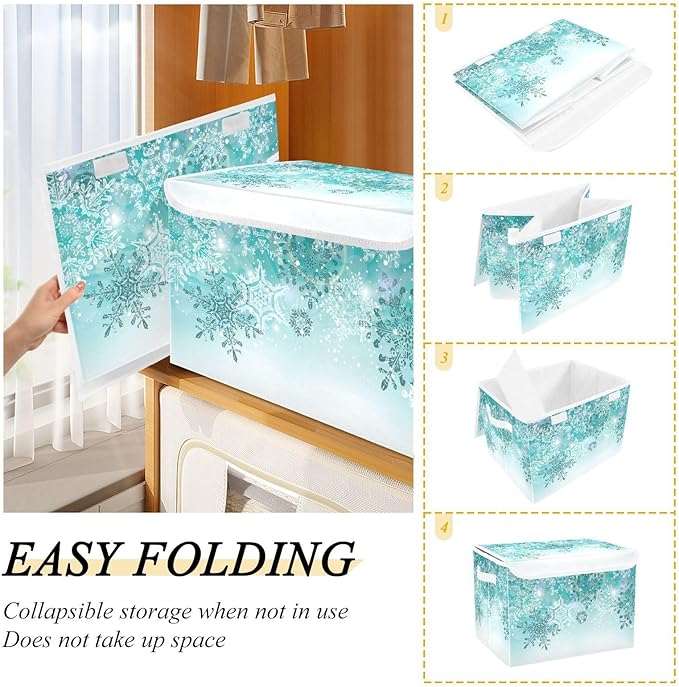 Senya Collapsible Storage Bins with Lids, Silver Winter Teal Turquoise Snowflakes Christmas Storage Boxes Clothes Baskets for Organizing