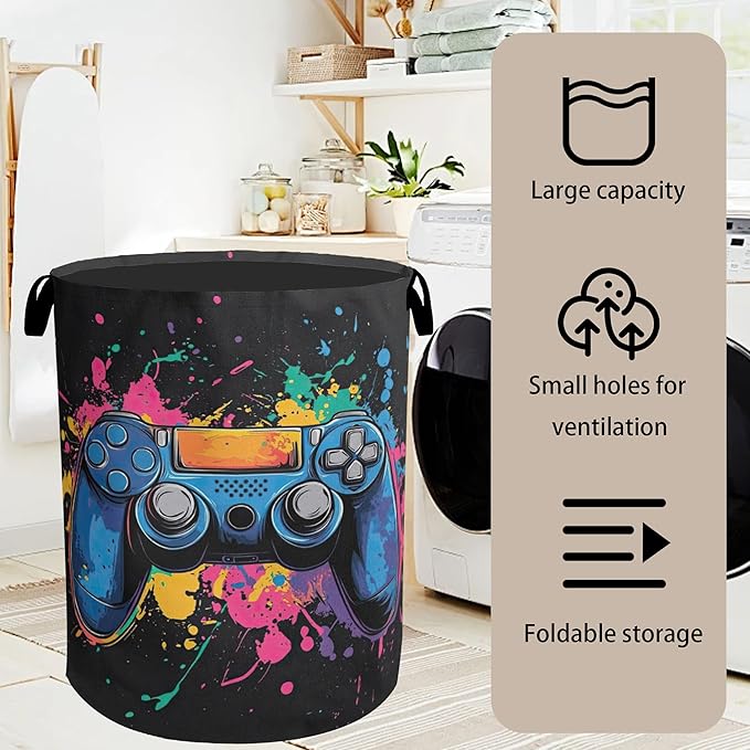 Laundry Basket, Dirty Clothes Basket, Gamers Controller Foldable Canvas Laundry Hamper with Handles - Toy Organizer, Heavy Duty for Home, Bedroom, Dorm, Bathroom