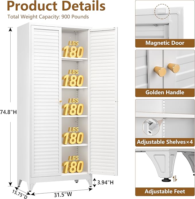 75" Kitchen Pantry Cabinet, White Metal Storage Cabinet with Doors and 4 Adjustable Shelves, Tall Metal Pantry Cabinets, Large Cupboard for Kitchen, Dining Living Room, Bathroom, Office