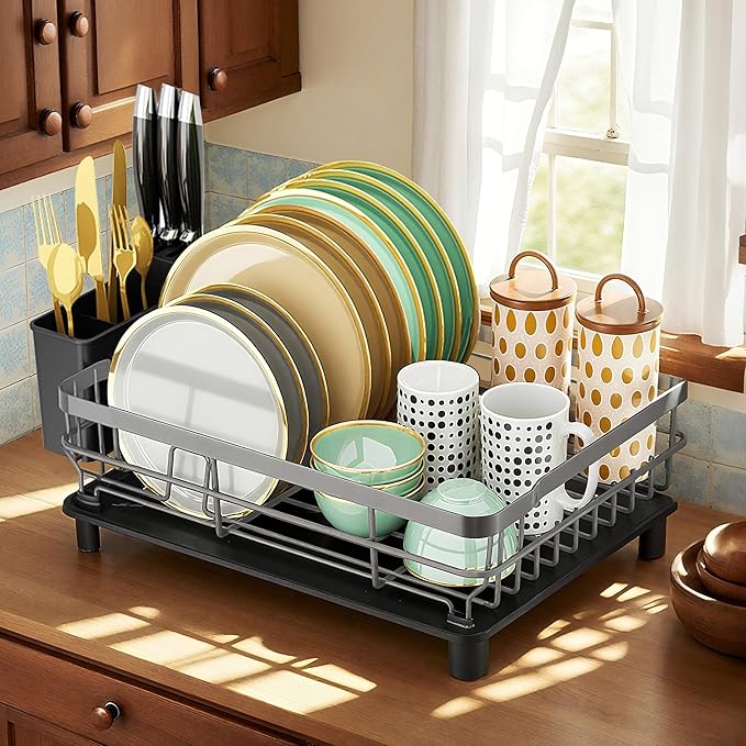MOUKABAL Dish Drying Rack, Dish Rack, Large Dish Racks for Kitchen Counter, Drying Rack Kitchen with Removable Utensil Holder, Drainboard (Grey/Gray)