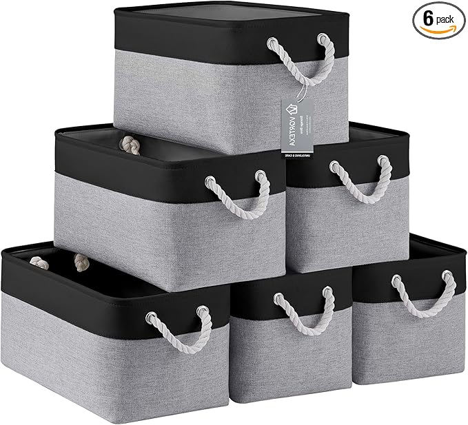 Large Storage Baskets- 15x11x10 inch Storage Bins for Shelves and Closet Organizing, Foldable Fabric Bin for Home Organization Clothes and Laundry (6-Pack, Black&Gray)
