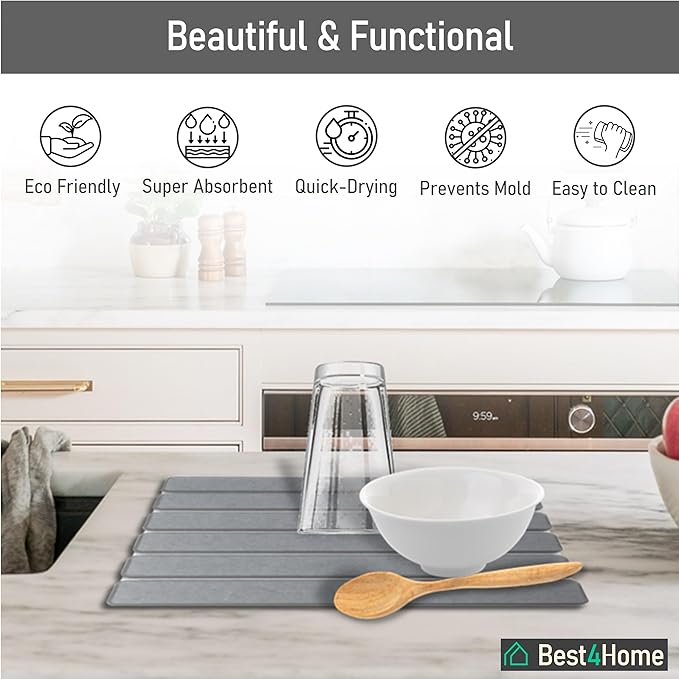 BEST4HOME Stone Drying Mat for Kitchen Counter - Grey 12x16In Dish Drying Mat - Foldable Diatomite Stone Dish Rack - Absorbent Diatomaceous Earth Non-Slip Tray for Bathroom