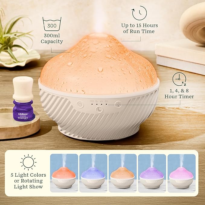 Lifelines Cloud Ultrasonic Essential Oil Diffuser with Essential Oil Blend, 300ml - Aromatherapy Diffuser with Soothing Mesmerizing Raindrop Effect & Auto-Shutoff Feature - Home & Bedroom Essentials