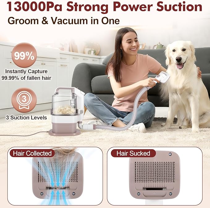 Crazydeer Dog Grooming Vacuum, 12000Pa Powerful All-in-One Pet Grooming Vacuum for Dogs Cats, Low Noise Pet Hair Clipper with 3.2L Dust Cup for Shedding Pet Hair, Low Noise, 3 Levels, White