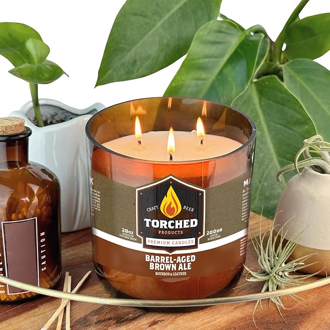 Torched Beer Scented Candles | Natural Soy Wax Candle | Barrel-Aged Brown Ale Scent 28 oz | Makes a Great Gift for Men, Beer Lovers, and Collectors | Bar Man-Cave Decor and Accessories