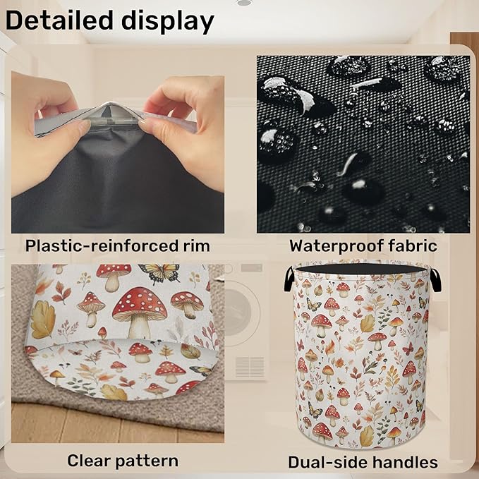 Fall Mushroom Laundry Hamper - Waterproof Fabric Laundry Basket with Handles, Foldable Storage Basket for Laundry,Bedroom,Dorm