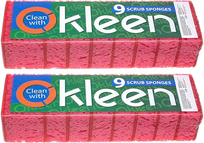 Okleen Pink Multi Use Scrub Sponges. Made in Europe. 18 Pack, 4.3x2.8x1.4 inches. Odorless Heavy Duty & Non Scratch Fiber. Durable and Delicate Scrubber for Kitchen & Bathroom, Housekeeping & Outdoors