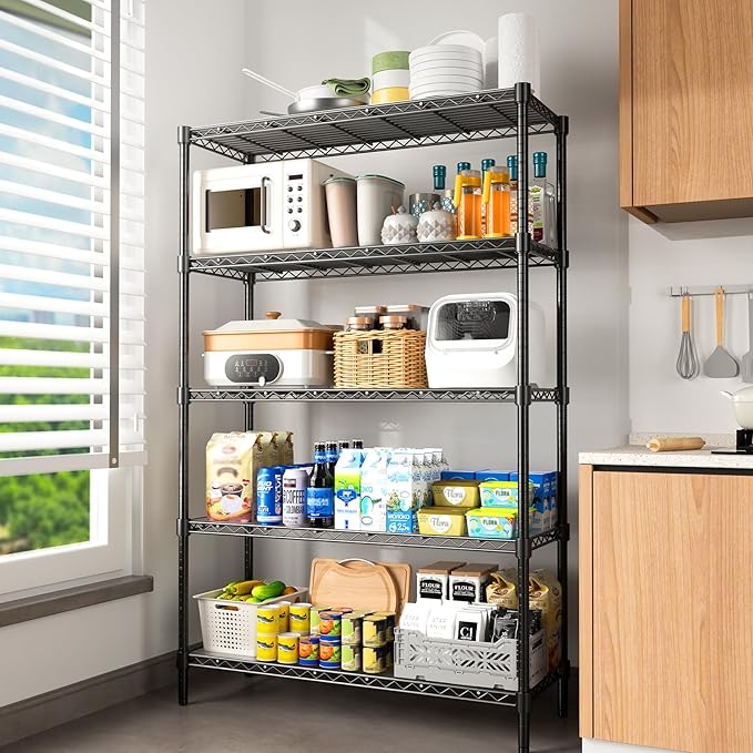 RackBro 45" W Storage Shelves 5 Tier Wire Shelving, Adjustable Metal Shelving Unit with Shelf Liners, 1875LBS Heavy Duty Storage Rack for Garage Pantry Kitchen Commercial, 45" W x 16" D x 72" H, Black