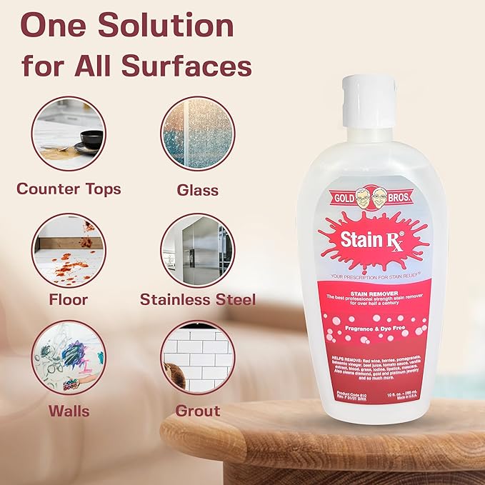Stain Rx Stain Remover, Effectively Eliminates Stains from Wine, Berries & Blood on Fabrics, Carpets, Upholstery & Jewelry, Dye-Free, Free from Bleach, Peroxides & Phosphates, Made in USA, 10 oz