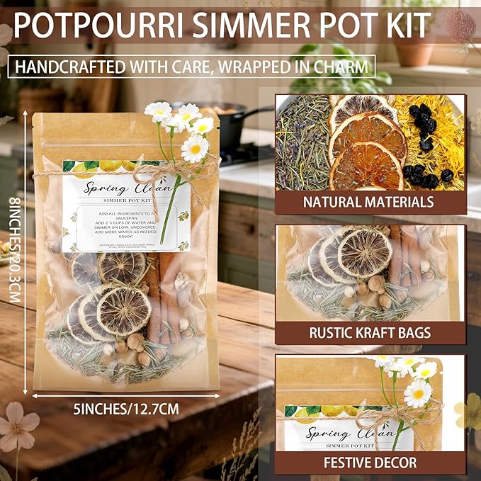 Siifert 4 Set Spring Clean Potpourri Bags Stovetop Simmering Mix Potpourri Instruction and Sticker Floral Fruity Cinnamon Natural Air Freshener Sachet for Party Craft DIY Gift Housewarming Hostess