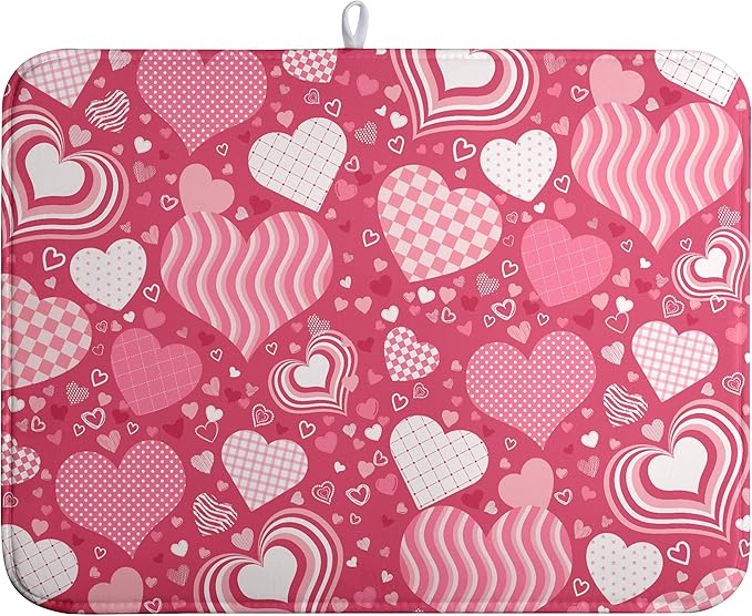 Red Heart Valentine Dish Dry Mat - 18x24 Inch Absorbent Reversible Dish Pad for Kitchen Counter