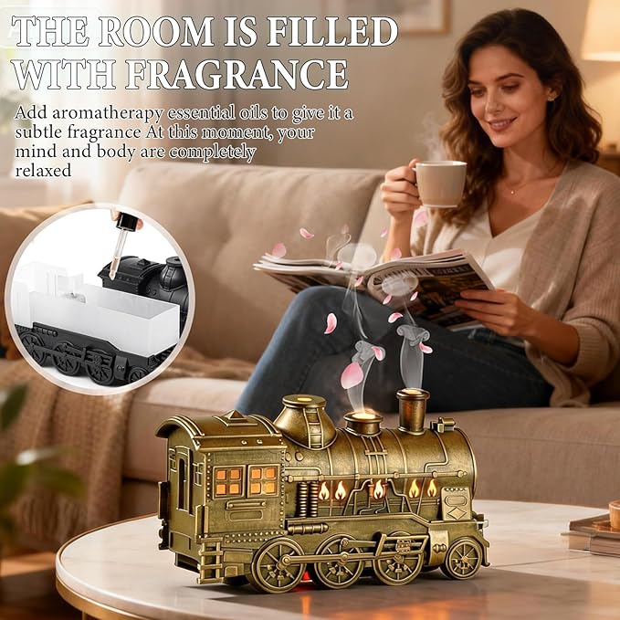Train Diffuser 300ML Essential Oil Diffuser Cool Mist Humidifier Aroma Diffuser,2 Color Light 2 Mist Modes,3-in-1 Vintage Steam Train Diffuser Humidifier with Remote Control,Home Decor & Gift (Copper)