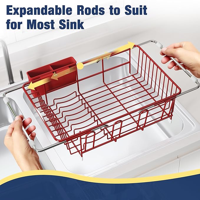 JASIWAY Dish Drying Rack in Sink, Red Dish Dryer Racks Over Sink, Dishes Drainers for Kitchen Sink, Stainless Steel Plates Drying Rack with Utensil Holder & Cups Holder