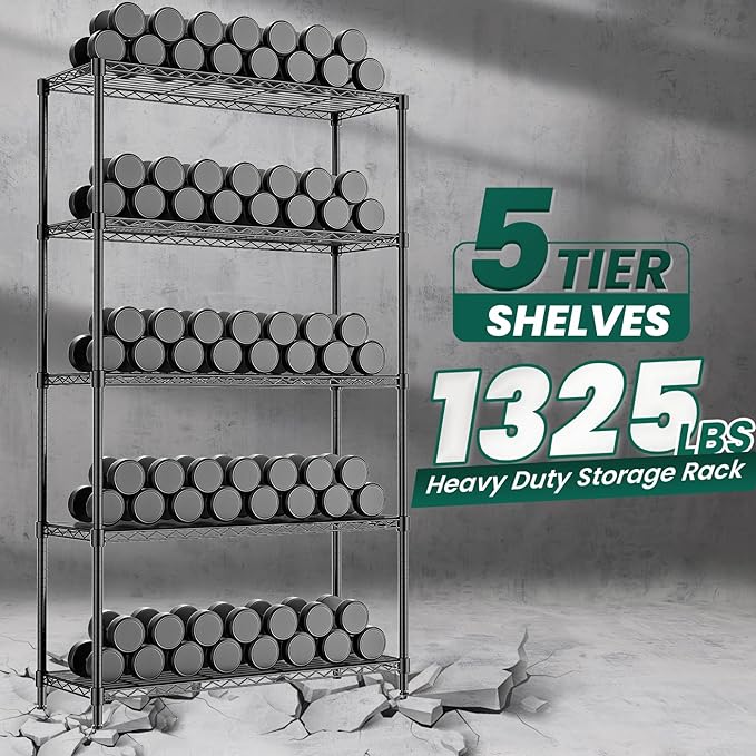 RackBro 5-Tier Storage Shelves 72" H Wire Shelving, Adjustable Metal Shelving Pantry Shelves, 1325LBS Heavy Duty Rack with Shelf Liners for Garage Commercial Kitchen, 36" W x 14" D x 72" H, Black