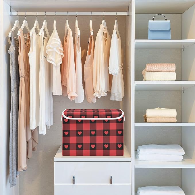 senya Valentines Storage Baskets Collapsible Storage Bins with Lids, Red Buffalo Check Gingham Love Heart Storage Boxes Clothes Baskets for Organizing