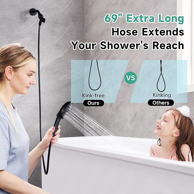 BRIGHT SHOWERS High Pressure Shower Head with Handheld, 9 Spray Settings Showerhead Built in Power Wash to Clean Tub and Pets, Extra Long 69" Hose, Adjustable Bracket, Matte Black